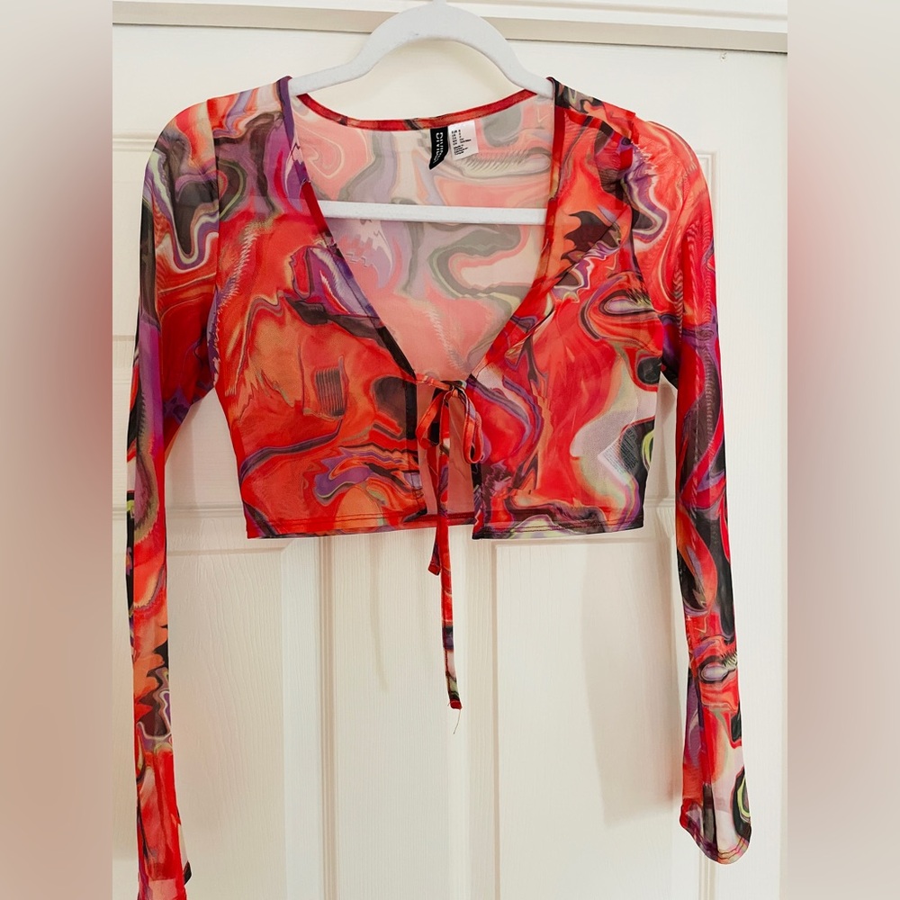 H&M Abstract Swirl Mesh Tie-Front Crop Top — Size S